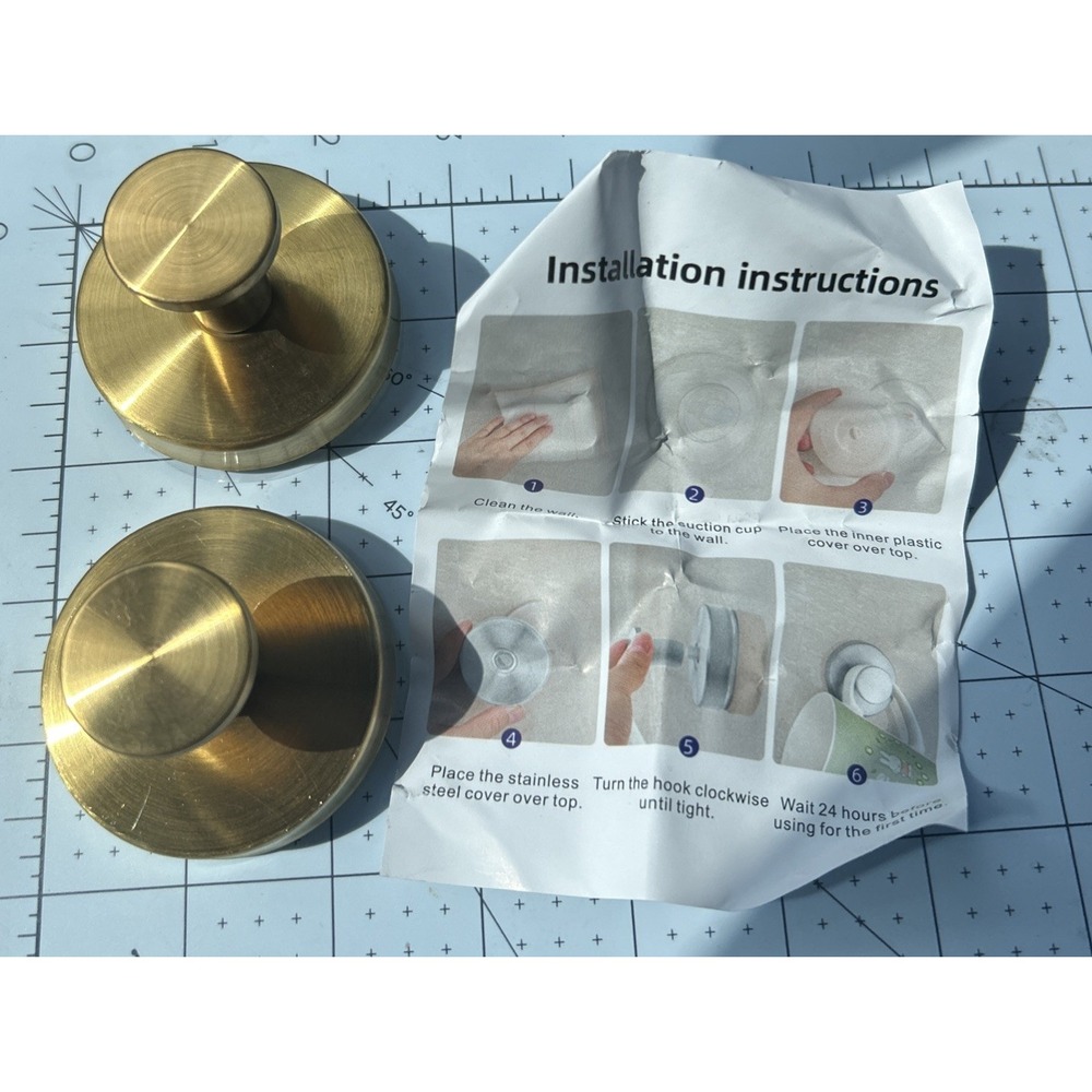 Brushed Gold Suction Cup Hooks Heavy Duty No Drill Shower Towel Hanger 2 Pack